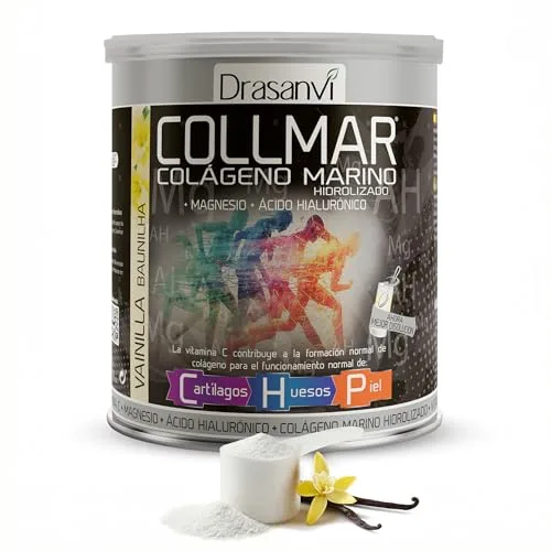 Drasanvi COLLMAR Colágeno Marino Hidrolizado con Ácido Hialurónico, Magnesio, Vitamina C | para cartílagos, huesos y piel | Sin edulcorantes |Alta dosis 9.717 mg/dia |300g de polvo | Sabor Vainilla