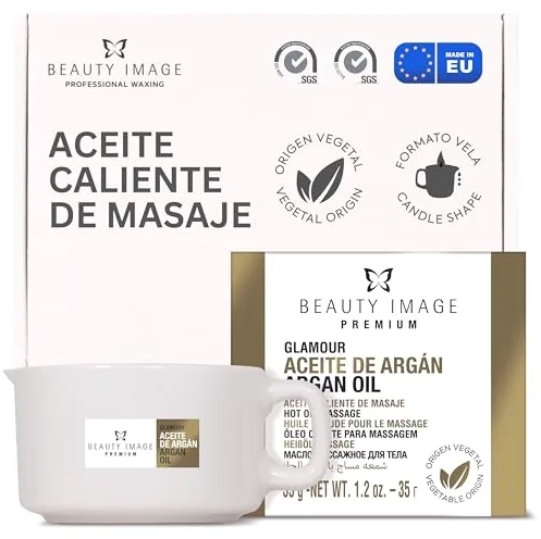 BEAUTY IMAGE Vela de Masaje - Color Dorado Brillante Glamour - Con Aceite de Argán. De 2 a 3 Masajes de Cuerpo Entero. Aceite Caliente para Masaje Profesional. Calidad Hecho en Europa. Masaje Sensual.