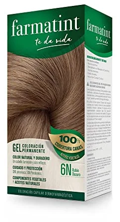 Farmatint Tinte permanente 6N Rubio Oscuro, Cabello natural y color duradero. Sin amoníaco ni parabenes ni parafinas ni siliconas, 135ml