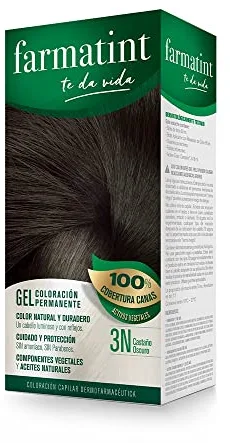 Farmatint Gel 3N Castaño Oscuro, Tinte Vegetal Permanente, Sin Amoníaco, Cobertura Completa de Canas, Cuida y Protege tu Cabello, Unidad de 135ml, El embalaje puede variar