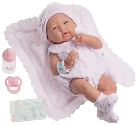 JC Toys- Muñeca La Newborn recién nacida de 38 cm es de vinilo suave, con ropa de punto y accesorios, niña, rosa, diseñado en España por Berenguer, +2 años
