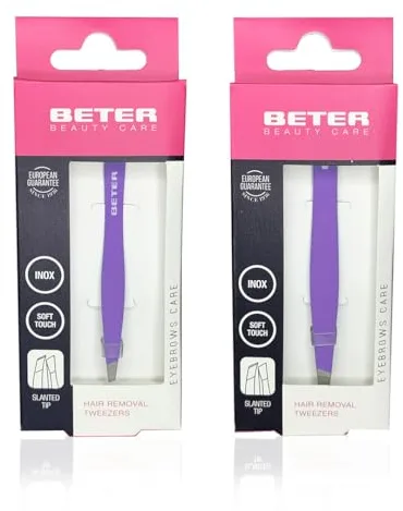 Beter – Pack de 2 pinzas de depilar para cejas profesionales, punta oblicua, acabado soft touch, inoxidables