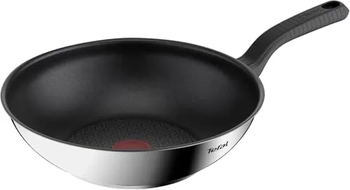 Tefal Comfort Max - Sartén wok 28 cm antiadherente, acero inoxidable 18/10, Thermo-Spot, base gruesa, cocinado homogéneo, mango ergonómico fresco, saltea, recetas asiáticas, apto todas cocinas