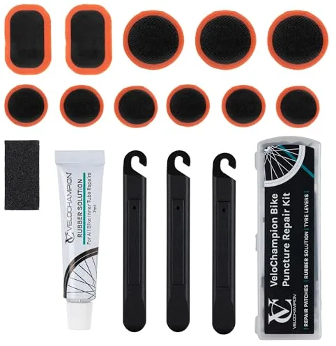 VeloChampion Kit de Reparación de Pinchazos | Parches Autoadhesivos para Neumáticos de Bici para Carretera, MTB, BMX, Ebike | Paquete de 6,10 o 40 + Palancas (Kit de Reparación + Solución de Caucho)