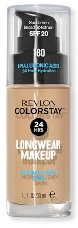 REVLON – ColorStay Makeup, Base de Maquillaje SPF 20 con Ácido Hialurónico, Sin Aceites, 24 h de Duración, Acabado Natural, Resistente al Agua, para Piel Normal y Seca, Tono 180, Sand Beige – 30 ml