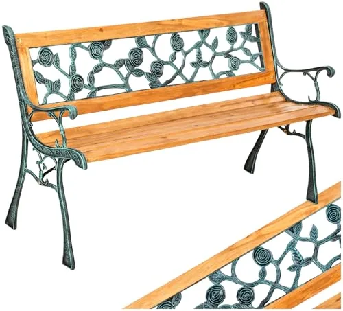 tectake® Banco de Jardín Exterior, Madera Lacada y Hierro Fundido, Diseño Elegante, Resistente y Estable, Patio y Terraza - Floral