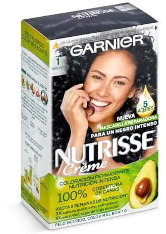 Garnier Nutrisse Creme Coloración Nutritiva Permanente, Tinte 100% Cobertura de Canas con Mascarilla Nutritiva de 4 Aceites - Tono 1 Negro
