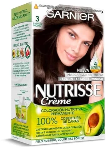 Garnier Nutrisse Creme Coloración Nutritiva Permanente, Tinte 100% Cobertura de Canas con Mascarilla Nutritiva de 4 Aceites - Tono 3 Castaño Oscuro, El embalaje puede variar
