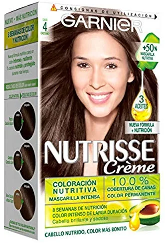 Garnier Nutrisse Creme Coloración Nutritiva Permanente, Tinte 100 por ciento Cobertura de Canas con Mascarilla Nutritiva, Color Castaño, 1 Unidad (Paquete de 1), El ambalaje puede variar
