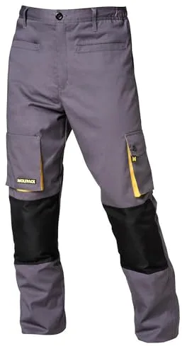 WOLFPACK LINEA PROFESIONAL Pantalones Largos DeTrabajo, Multibolsillos, Resistentes, Rodilla Reforzada, Gris/Amarillo Talla 50/52 XL