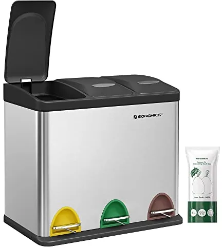 SONGMICS Cubo de Basura de Cocina, Basurero Clasificador 3 x 8 L, Capacidad Pequeña, con Tapas, Triple Cubo de Acero para Familias Pequeñas, Pedales y Cubos, Plata y Negro LTB24L