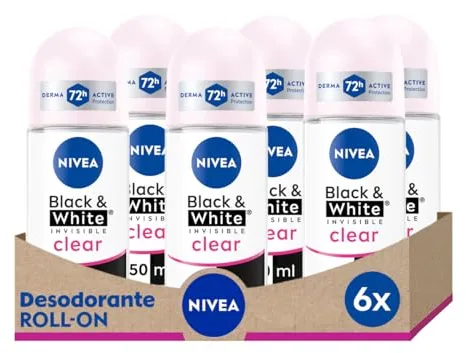 NIVEA Black & White Invisible Original Roll-on en pack de 6 (6 x 50 ml), antitranspirante para una piel suave con fragancia, desodorante roll on para proteger la ropa