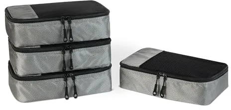 Amazon Essentials Juego de 4 Cubos para Viaje, Organizador de Equipaje con Doble Cremallera, Parte Superior de Malla, 100% Poliéster, Pequeño, Gris (anteriormente Amazon Basics)