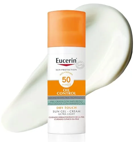 Eucerin Sun Gel Crema Oil Control Dry Touch FPS 50+ (50 ml), protección solar facial 50+ con filtros UVA/UVB, crema solar para piel grasa y propensa al acné, crema de sol con textura ultraligera