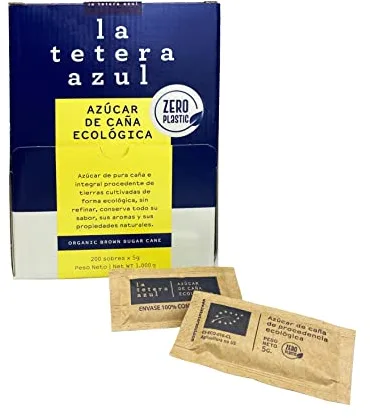 LA TETERA AZUL 200 Sobres Individuales de Azúcar de Caña Ecológico. Azúcar Moreno Orgánico Monodosis. 200 Bolsitas de 5 Gramos.