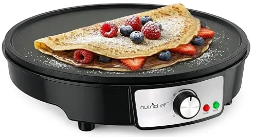 NutriChef crepera electrica, Plancha de cocina, Placa antiadherente, Luces indicadoras LED, Control de temperatura ajustable, Incluye espatula de madera y esparcidor de masa