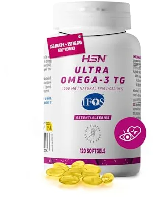 HSN Ultra Omega 3 TG IFOS 5 Estrellas | 120 Perlas | 1000mg Aceite de Pescado por Perla con 350mg EPA + 250mg DHA – Alta Absorción en Forma de Triglicéridos – Certificado Sin Metales Pesados