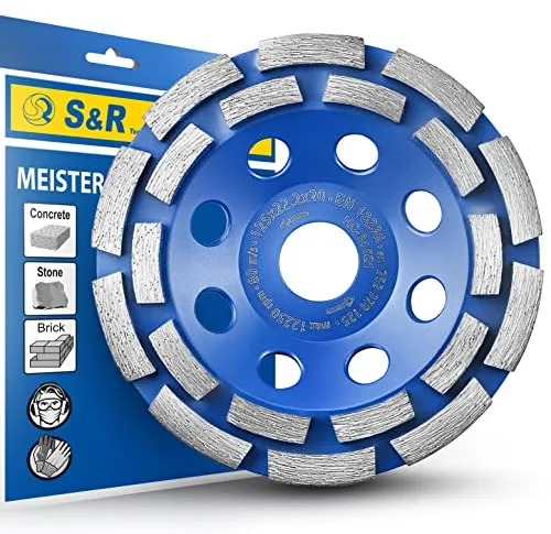 S&R Muela Disco de copa Diamante Desbaste 125 x 22,23 mm Hormigón Granito Piedra Mampostería 2 filas. Para amoladoras angulares.