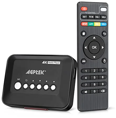 4K@30hz HDMI Reproductor Multimedia con Salida de HDMI/AV, Media Player para 14TB HDD/Unidad USB de 512 G/Tarjeta SD/H.265 MP4, con Control Remoto para MP3 AVI RMVB MPEG etc