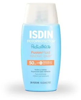 ISDIN Fusion Fluid Mineral Baby Pediatrics SPF 50 Protector Solar 100% Mineral para Cuerpo y Rostro de Niños y Bebés, Filtros 100% Minerales y una Alta Protección, 50 ml