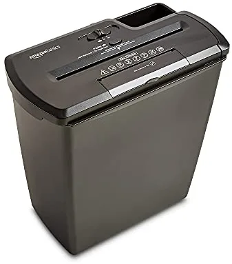 Amazon Basics Destructora de papel, tarjetas de crédito y CD con recipiente separable corte en tiras, capacidad de hasta 7-8 hojas negro, 32.5 L x 16.5 W x 33 H cm, 2.8 kg