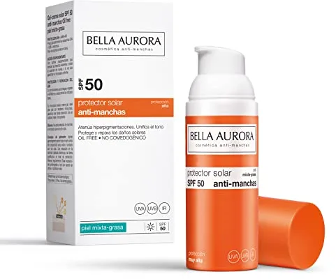 BELLA AURORA - Protector Solar SPF 50+ - 50 ml, para Piel Mixta-Grasa, Crema Solar, Facial Antimanchas, Crema Protectora Solar, Bloqueador Solar, Absorción Rápida, Calma la Piel, Uso Diario