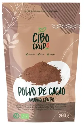 Cacao Puro en Polvo Ecologico sin Azucar - 200g. Cacao en Polvo de Nibs de Cacao Puro no Alcalinizado. Rico en Antioxidantes, Magnesio, Hierro, Vitamina B1 B2.