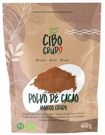Cacao Puro en Polvo Ecologico sin Azucar - 450g. Cacao en Polvo de Nibs de Cacao Puro no Alcalinizado. Rico en Antioxidantes, Magnesio, Hierro, Vitamina B1 B2.