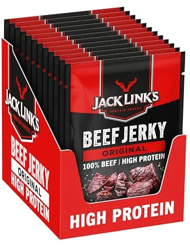 Jack Link’s Beef Jerky Original - MrBeast Edition - Pack de 12 (12 x 25g) Snack Alto en Proteína - Snack Proteico para Fitness, Gym y Outdoor - Carne de Vacuno Deshidratada Estilo Americano