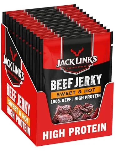 Jack Link’s Beef Jerky Sweet & Hot - MrBeast Edition - Pack de 12 (12 x 25g) Snack Alto en Proteína - Snack Proteico para Fitness, Gym y Outdoor - Carne de Vacuno Deshidratada Estilo Americano