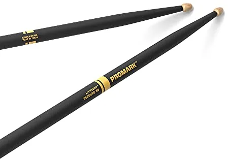 ProMark Baquetas Bateria - Rebound 5B - ActiveGrip - Se vuelve más pegajoso a medida que las manos sudan - Acabado de agarre activo, Punta de Bellota, Madera de nogal americano - 1 par