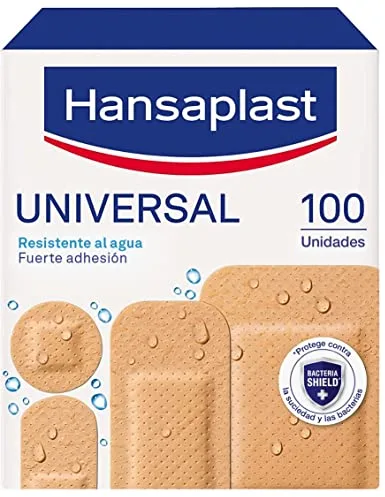 Hansaplast Universal 100 surtido (4 tamaños), apósitos impermeables que repelen la suciedad, apósitos para heridas, tiras adhesivas con Bacteria Shield, 1 x 100 ud