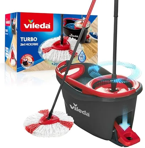 Vileda Easy Wring & Clean Turbo Set Cubo Gris con Fregona Giratoria con Pedal, Mango Telescópico de 85 a 123 cm, Fregona con Escurridor Giratorio, Cabezal de Microfibra 2 en 1, para Suelos