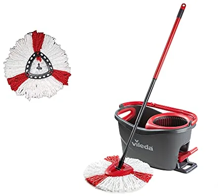Vileda Turbo - Juego de fregona con Palo telescópico, Cubo escurridor Giratorio y Recambio de microfibras, Incluye 1 Recambio Adicional, Color Negro y Rojo, Formato Caja
