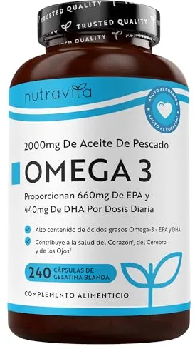 Nutravita Omega 3 2000mg, con 660mg EPA y 440mg DHA, 240 Cápsulas Blandas para 4 Meses - Corazòn, Función Cerebral y Visiòn (EFSA) Omega 3 Capsulas Suplementos para Hombres y Mujeres