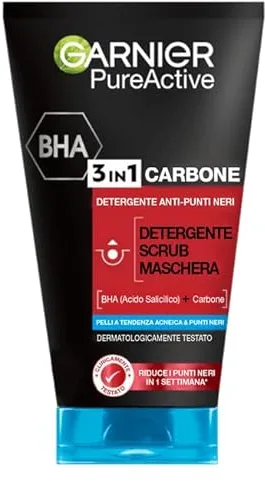 Garnier PureActive BHA Carbón Anti-Puntos Negros 3 En 1 Limpiador Exfoliante Mascarilla Con [BHA + Carbón] 150 Ml