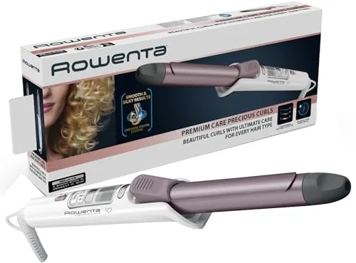 Rowenta Precious Curl CF3460 Rizador con recubrimiento Keratin and shine, temperatura hasta 200° C, cable 360° y pantalla LCD, 25 mm de diámetro, Color Rosa