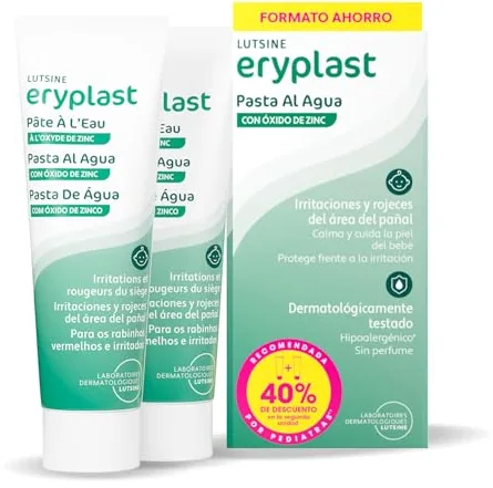 Eryplast Pasta al Agua 2x75gr Pack Ahorro 2ªunidad 40%dto - Crema de Pañal para Bebé. Calma, Cuida y Protege la Piel contra Dermatitis de Pañal – Hipoalergénico, Sin Perfume y Testado Pediátricamente.