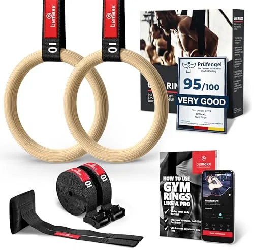 BeMaxx Anillas de Gimnasia de Madera | para Entrenamientos gimnásticos | Workout Set con Anclaje para Puerta, Hebillas, Correa y guía de Ejercicios | Gimnasio/Deporte en casa | Adultos
