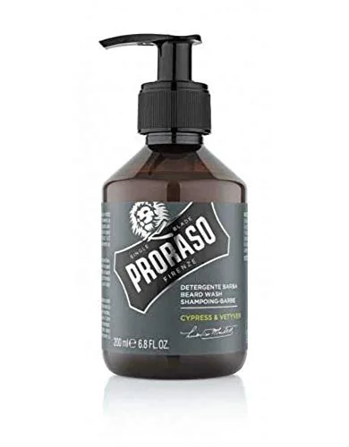 Proraso Champú barba Cypress & Vetyver, 200 ml, champú hidratante profesional para el cuidado barba hombre que elimina impurezas y limpia eficazmente