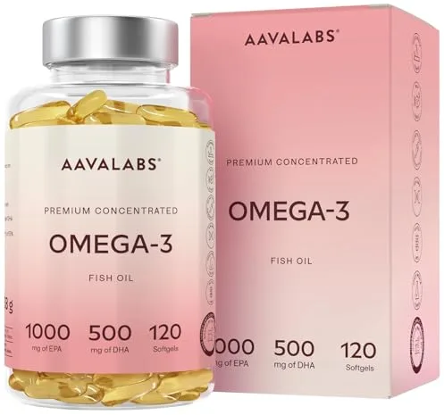 AAVALABS Omega 3 2000mg por dosis diaria (2 cápsulas) - 1000mg de EPA + 500mg de DHA - Ácidos Grasos de Alta Potencia - Destilado Molecularmente - 120 Cápsulas - 60 días de suministro