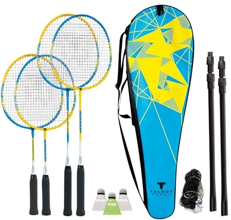 Talbot Torro - Set de Bádminton Family - 2 Raquetas Junior 53 cm, 2 Raquetas Standard, 3 Volantes, Red Regulable en Altura, En Bolsa - 8 Piezas - Azul/Amarillo - sin Talla