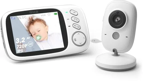 GHB Camara Vigilancia Bebe Vigilabebes con Camara con Pantalla 3.2" HD Vigilabebes VOX, Visión Nocturna, Despertador, Comunicación Bidirecciona Escucha Bebes
