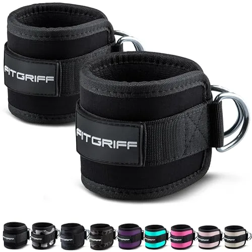 Fitgriff® Tobilleras Poleas Gym V1 (2 Piezas) - Correas Tobillo Gimnasio para Patadas Gluteos, Fitness - Accesorios de Ejercicio (Negro)