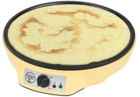 Bestron Crepera de diseño retro, Crepera electrica para crepes de Ø 30 cm, incl. esparcidor de masa y volteador de crepes, con revestimiento antiadherente, 1000 vatios, color: amarillo