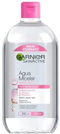 Garnier Skin Active, Agua Micelar Clásica Todo en Uno, Desmaquillante, Limpiador Facial, Limpia Rostro, Labios y Ojos, Sin Aclarado, para Todo Tipo de Pieles, Formato Maxi, 700 ml