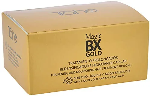 Tahe Magic BX Gold Tratamiento Capilar Redensificador Hidratante de Larga Duración, Caja de 5 Ampollas 10 ml. Brillo Infinito, Melena Densa, Suavidad Extrema