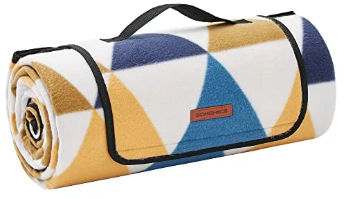 SONGMICS Manta de Picnic, 200 x 200 cm, Manta de Camping Grande, para Parque, Jardín, Exterior, Playa, Impermeable, Plegable, Motivo Ariangular Amarillo y Azul GCM76S