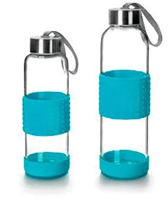 IBILI - Botella de vidrio sky 500 ml azul, Borosilicato, Reutilizable, protector anti-golpes