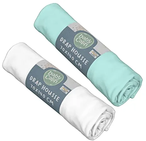 Babycalin - Set de 2 sábanas bajeras, 70cm x 140cm, Blanco/ Turquesa